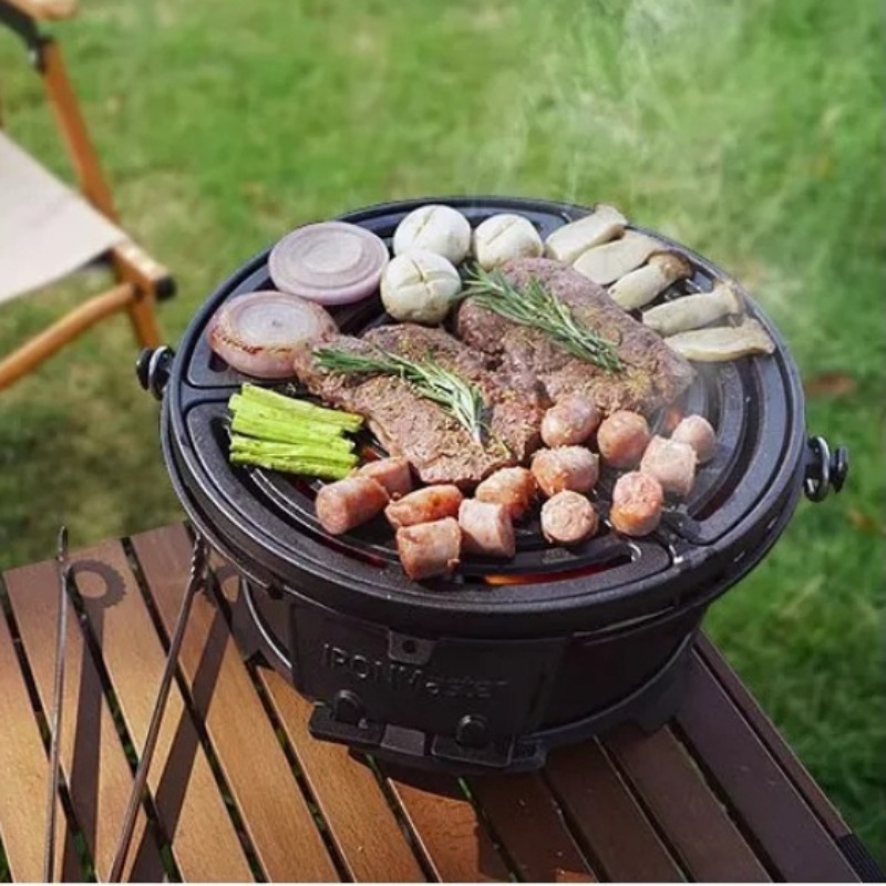 Camping Cooking Cast Iron - Gril à charbon de bois rond,